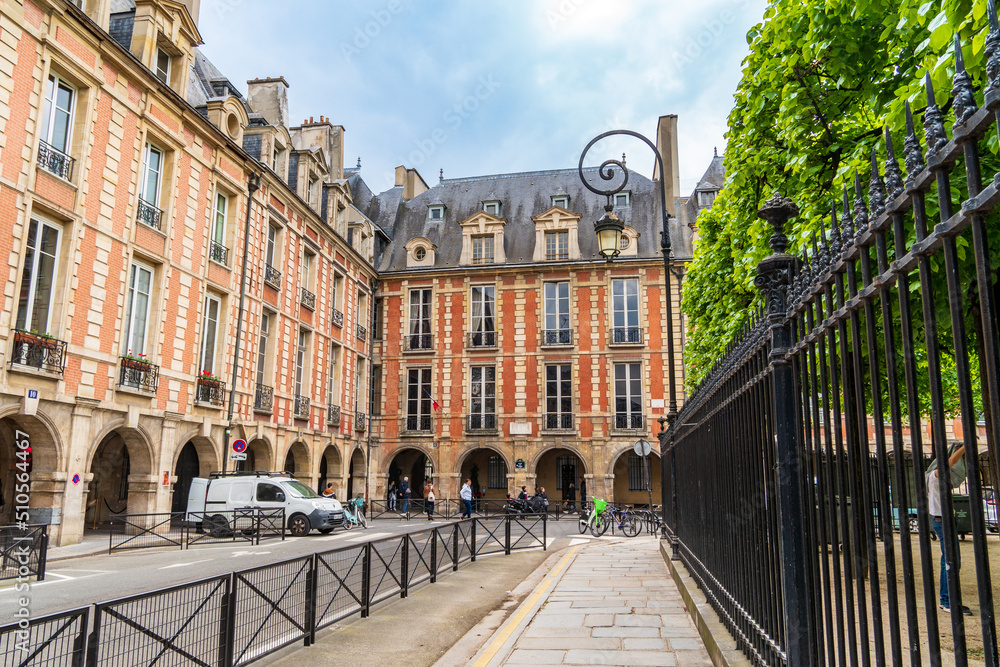 View of the facade of Victor Hugo's house in Place des Vosges, Paris, France