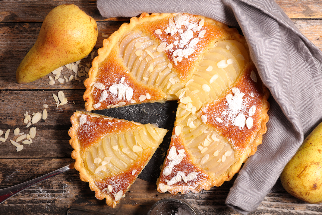 pear tart with almond cream, top view