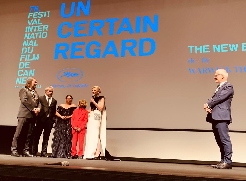 Premiere of The New Boy by Warwick Thornton. From left to right: Warwick Thornton (director), Wayne Blair (actor), Deborah Mailman (actress), Aswan Reid (actor), Cate Blanchett, Thierry Frémaux.