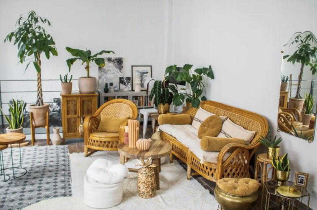 Room with rattan furniture and green plants, Airbnb Pairs
