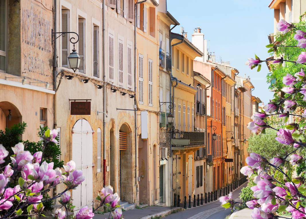 Colorful houses and magnolia blossoms in Aix-en-Provence