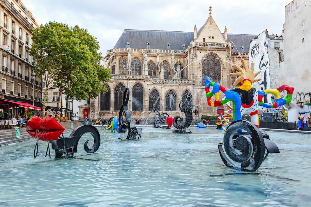 PARIS, FRANCE - 09 AUGUST, 2017: Stravinsky Fountain (1983) is a fountain with 16 works of sculpture. Sculptures spray water, representing works of composer Igor Stravinsky